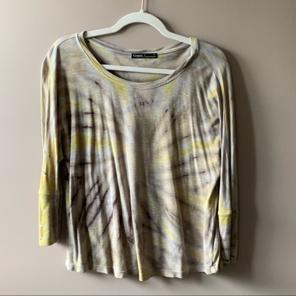 Gypsy 05 Made  in USA Premium Tie Dye Cotton  Long Sleeve Tee Small Yellow Tan